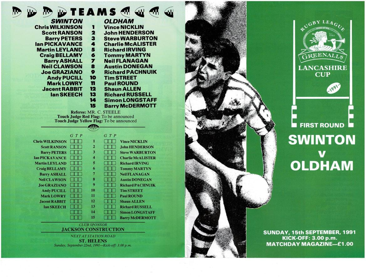 Programme cover: Oldham v Swinton, 15 September 1991