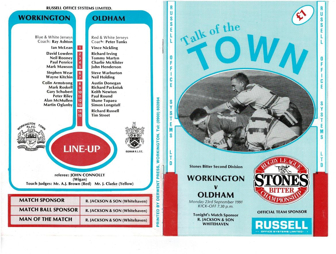 Programme cover: Oldham v Workington Town, 23 September 1991