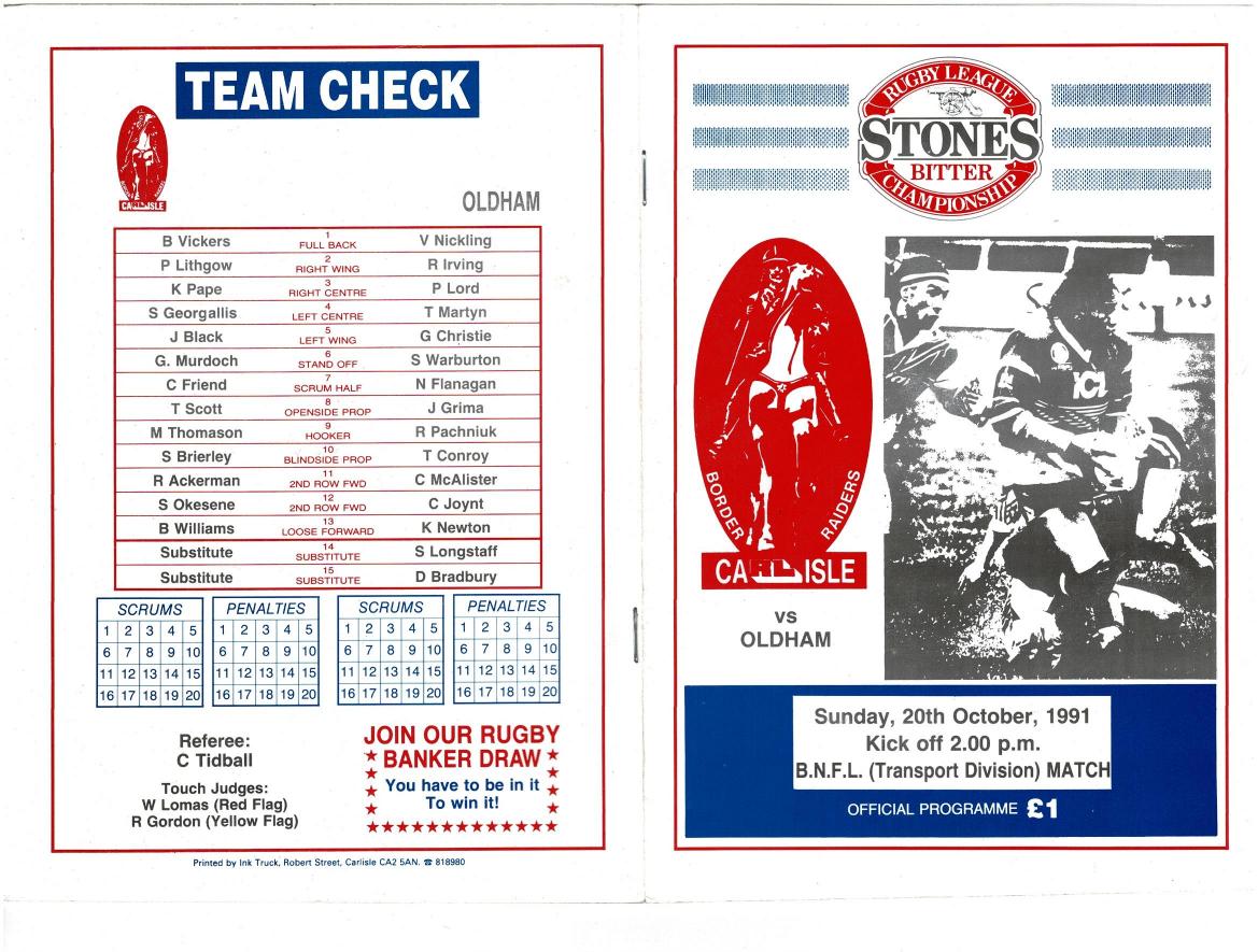 Programme cover: Oldham v Carlisle, 20 October 1991