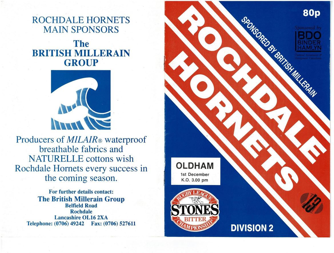 Programme cover: Oldham v Rochdale Hornets, 1 December 1991