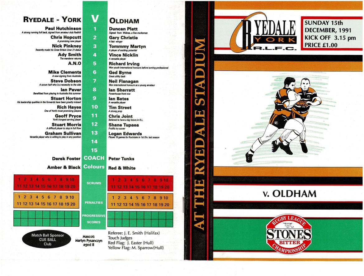 Programme cover: Oldham v Ryedale-York, 15 December 1991