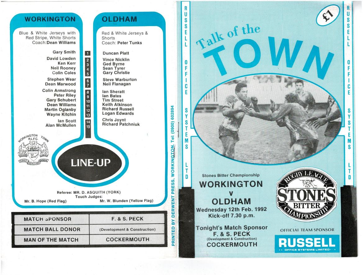Programme cover: Oldham v Workington Town, 12 February 1992