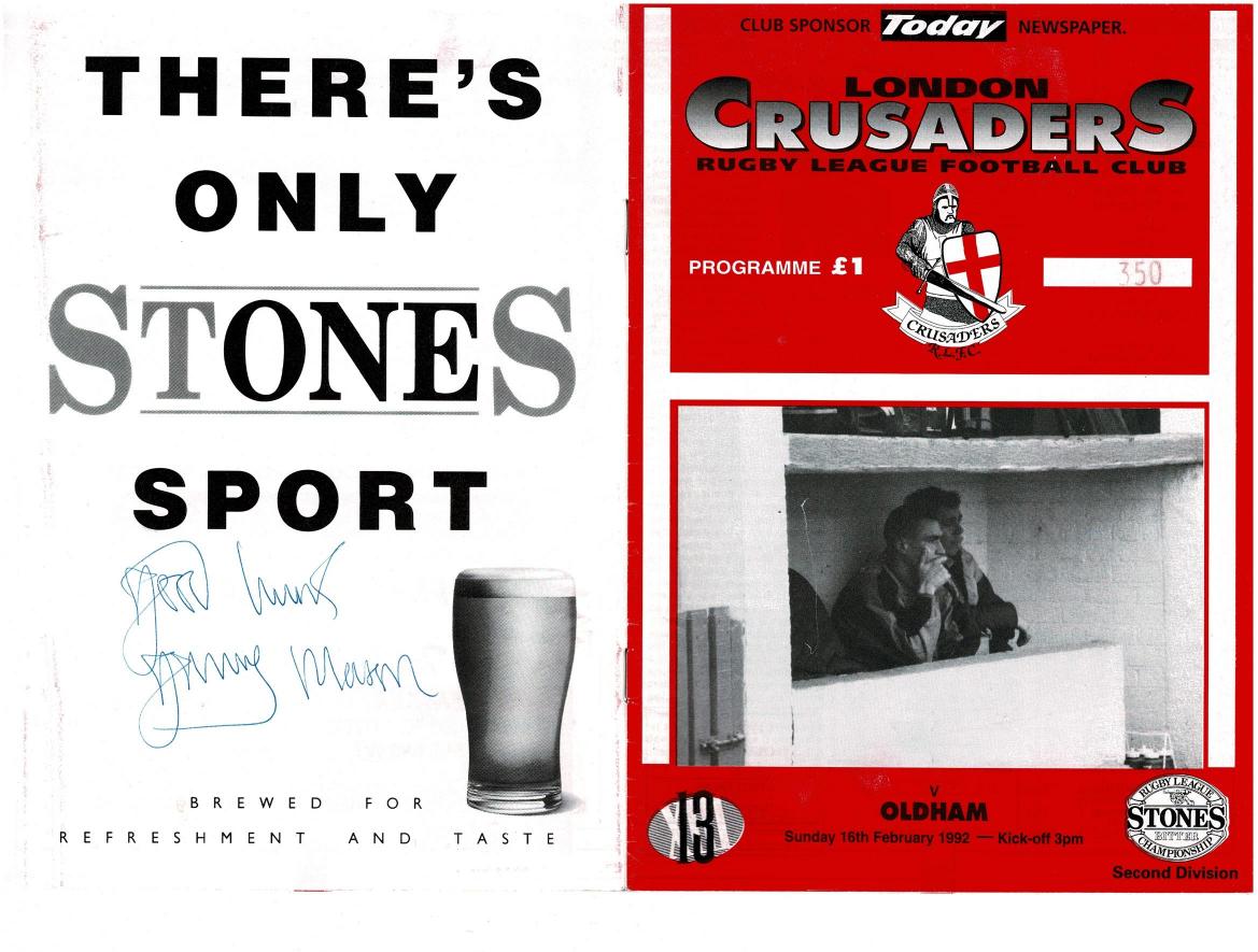 Programme cover: Oldham v London Crusaders, 16 February 1992