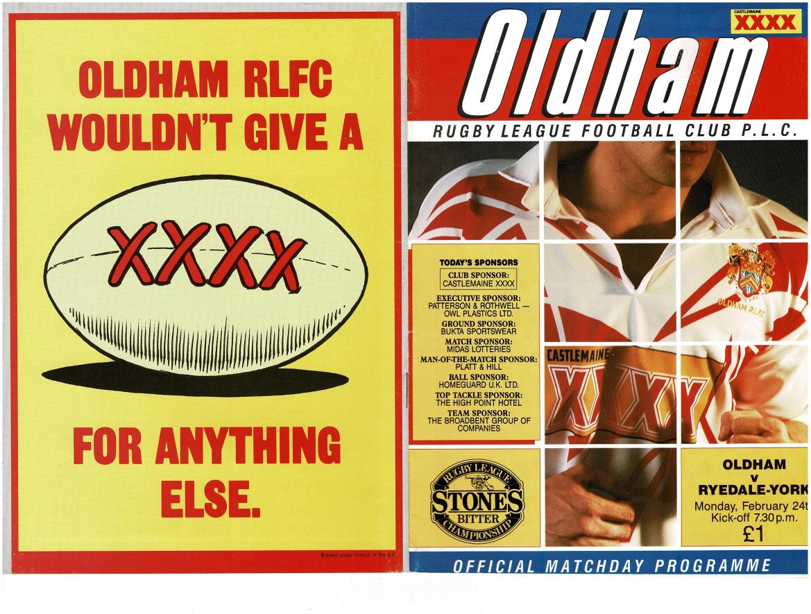 Programme cover: Oldham v Ryedale-York, 24 February 1992