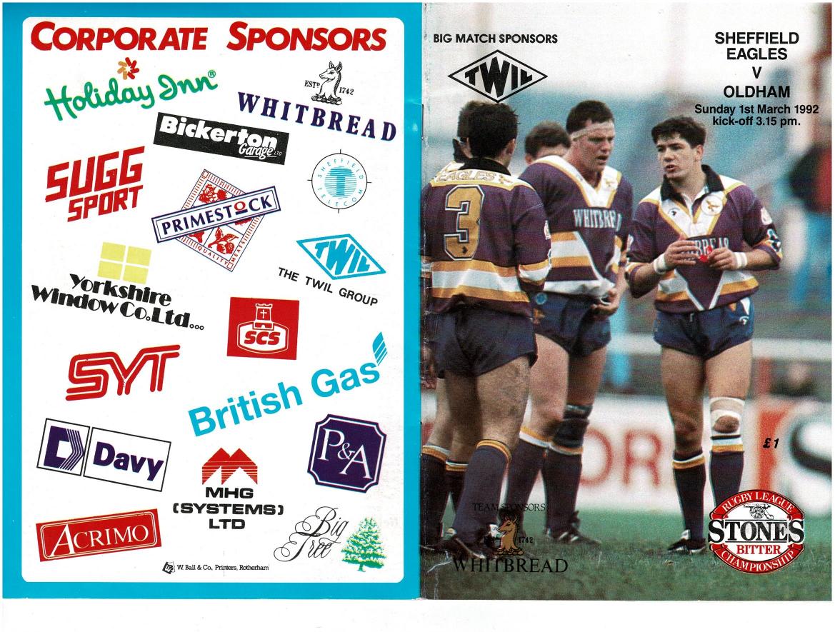Programme cover: Oldham v Sheffield Eagles, 1 March 1992