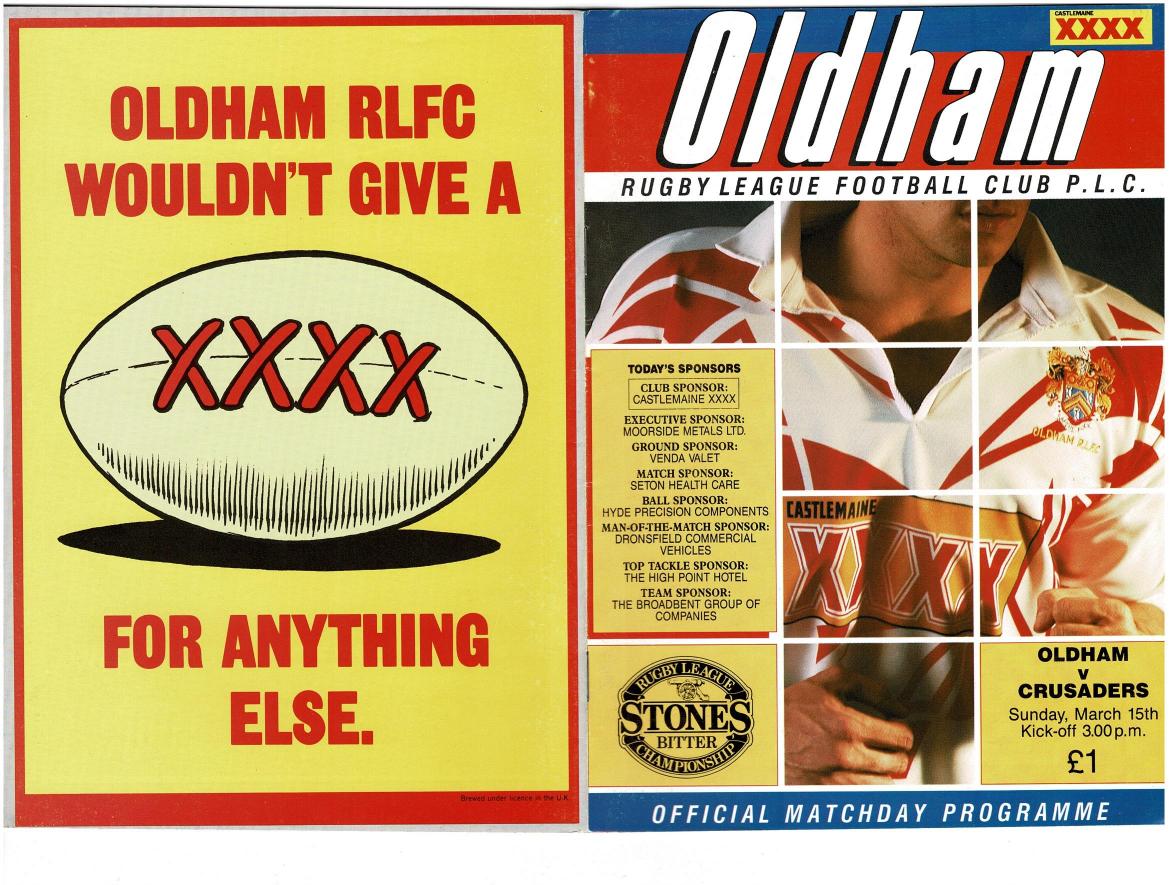 Programme cover: Oldham v London Crusaders, 15 March 1992