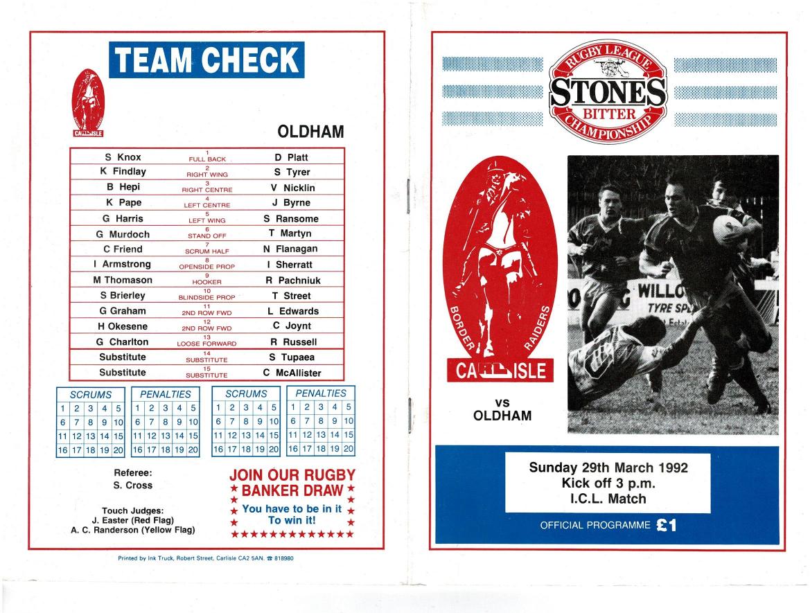 Programme cover: Oldham v Carlisle, 29 March 1992