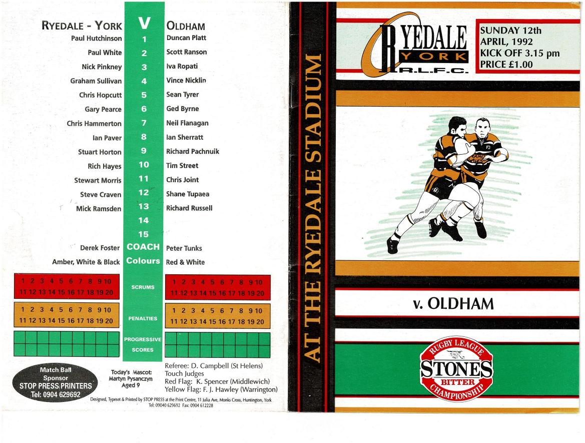 Programme cover: Oldham v Ryedale-York, 12 April 1992