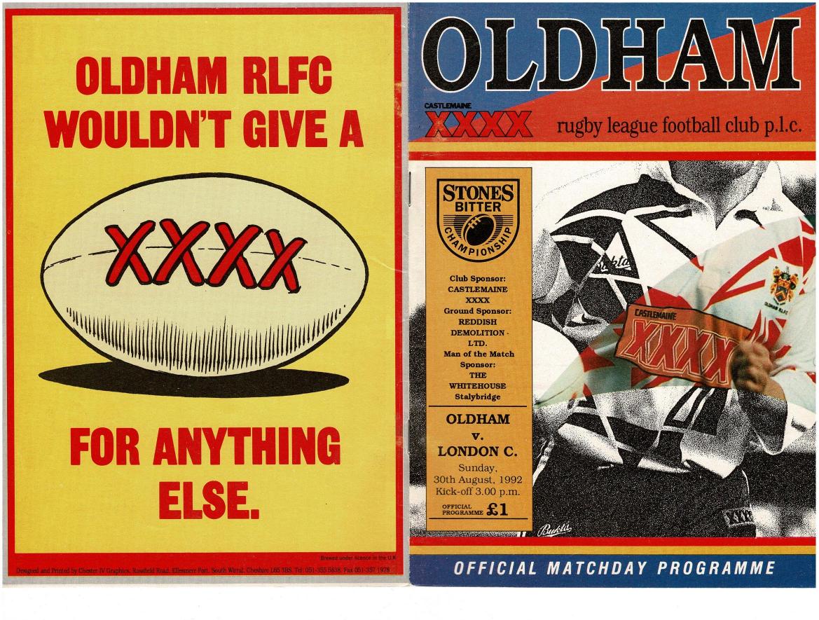 Programme cover: Oldham v London Crusaders, 30 August 1992