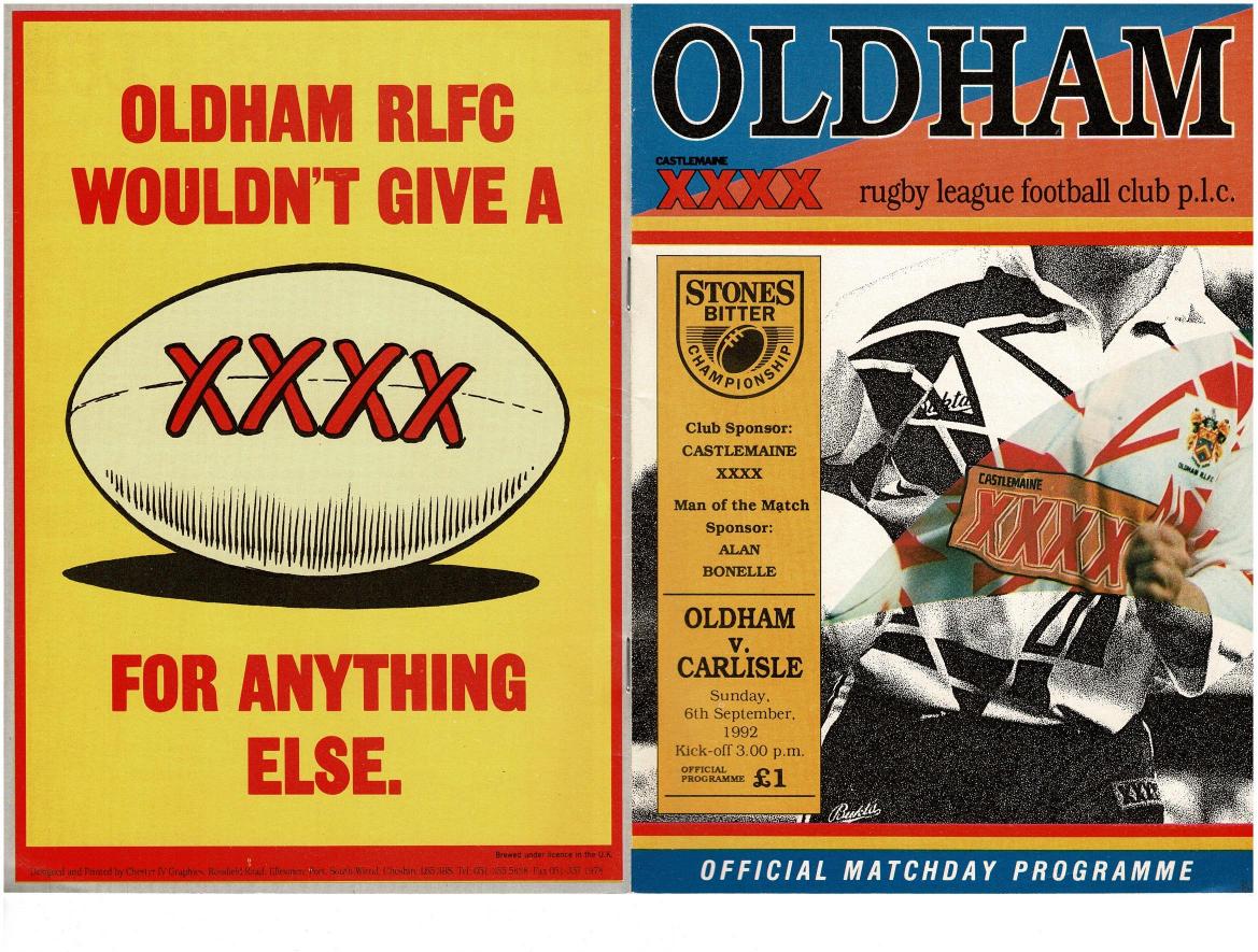 Programme cover: Oldham v Carlisle, 6 September 1992