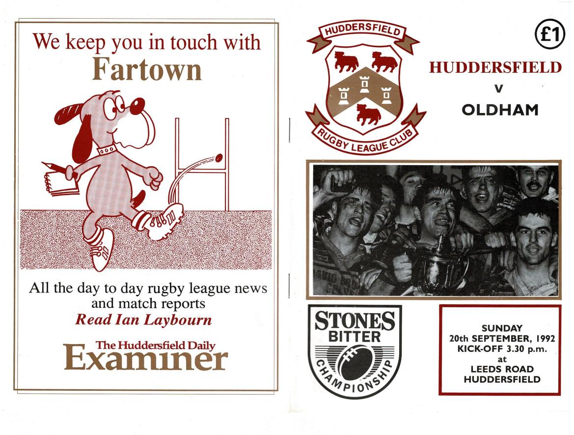 Programme cover: Oldham v Huddersfield, 20 September 1992