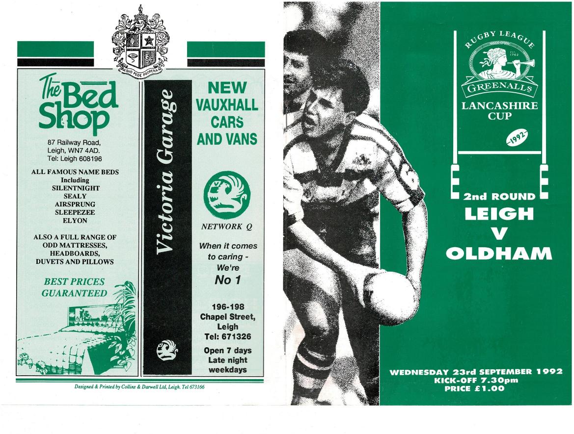 Programme cover: Oldham v Leigh, 23 September 1992