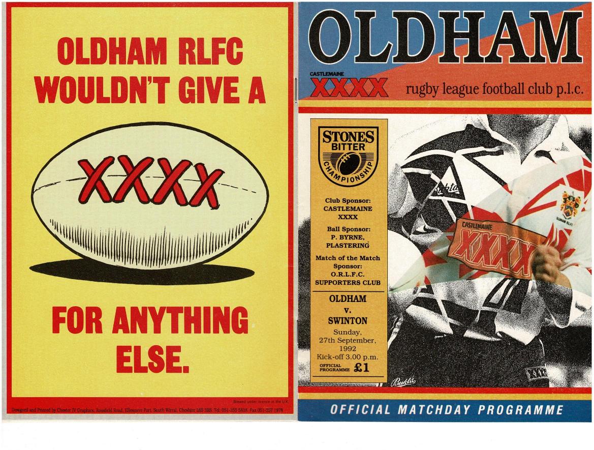 Programme cover: Oldham v Swinton, 27 September 1992