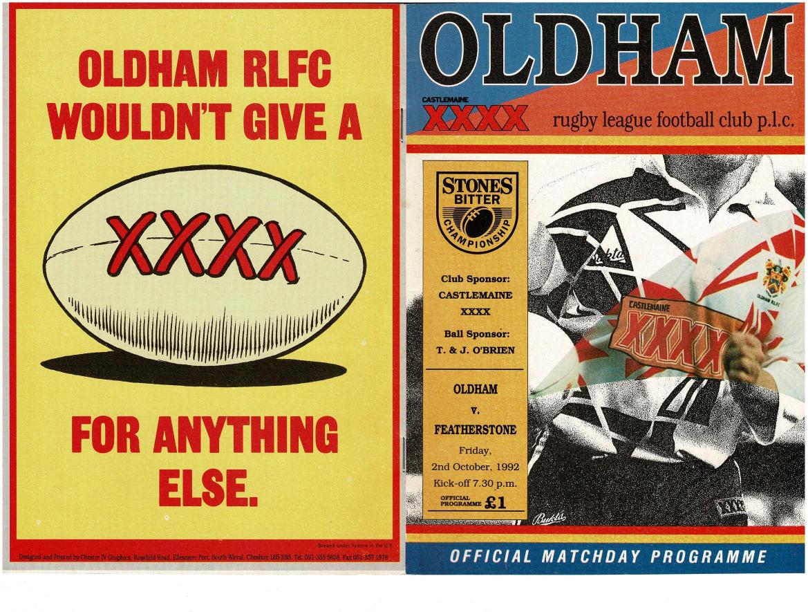 Programme cover: Oldham v Featherstone Rovers, 2 October 1992