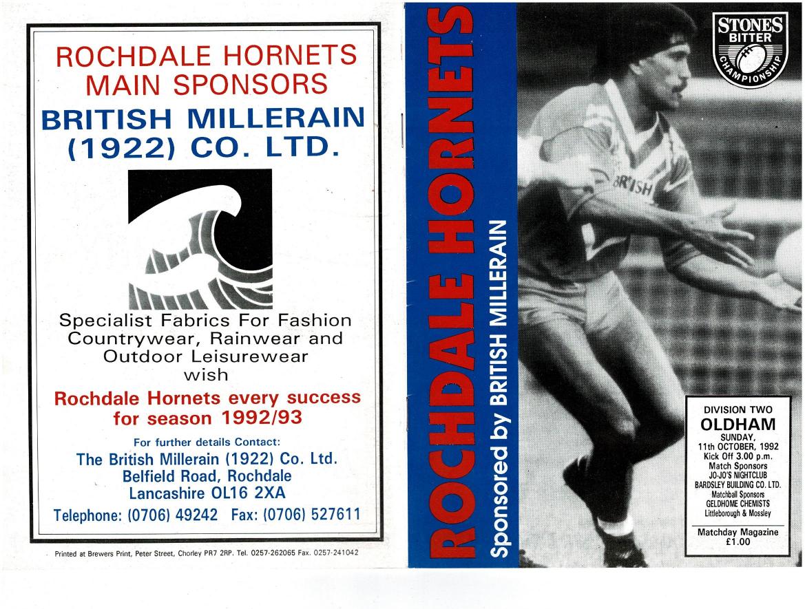 Programme cover: Oldham v Rochdale Hornets, 11 October 1992
