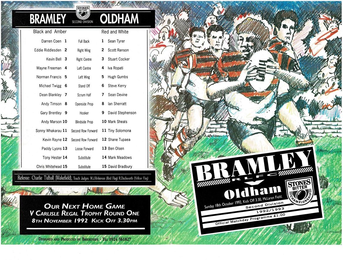 Programme cover: Oldham v Bramley, 18 October 1992