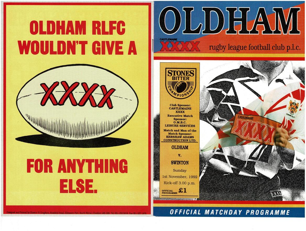 Programme cover: Oldham v Swinton, 1 November 1992