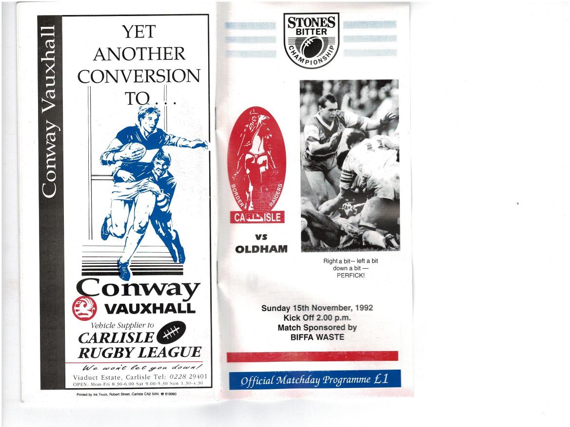 Programme cover: Oldham v Carlisle, 15 November 1992