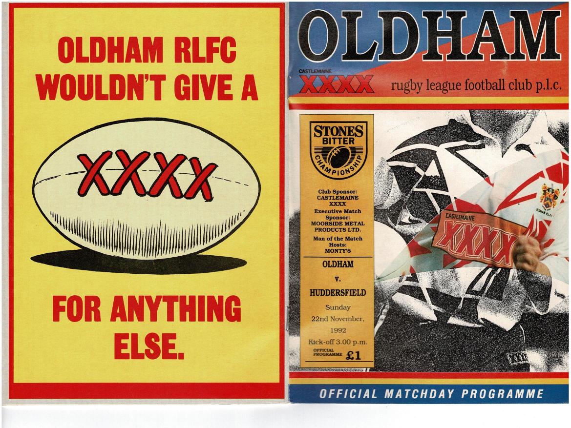 Programme cover: Oldham v Huddersfield, 22 November 1992