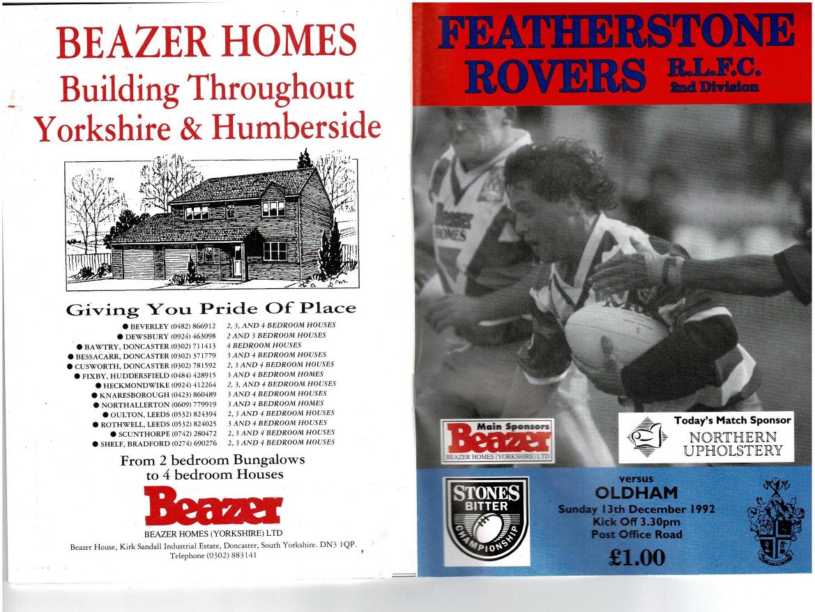 Programme cover: Oldham v Featherstone Rovers, 13 December 1992