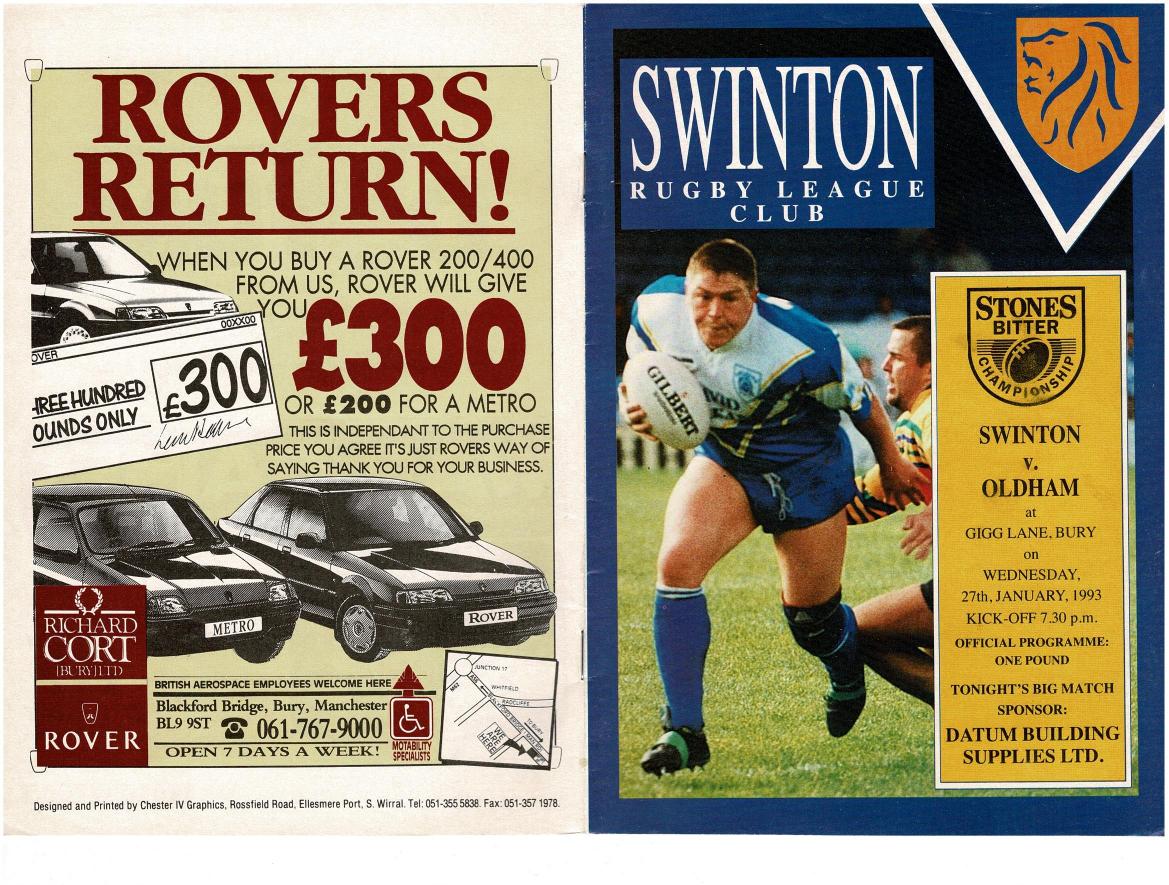 Programme cover: Oldham v Swinton, 27 January 1993