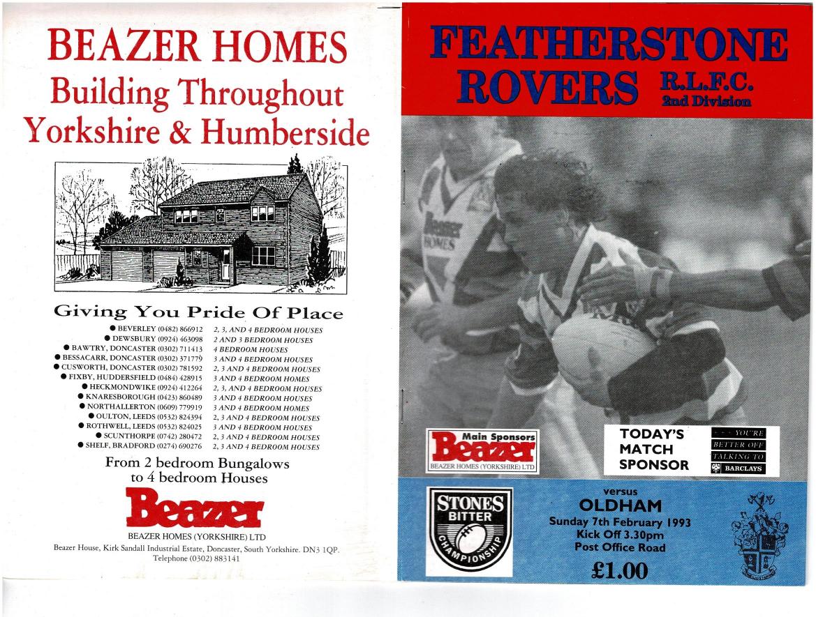 Programme cover: Oldham v Featherstone Rovers, 7 February 1993