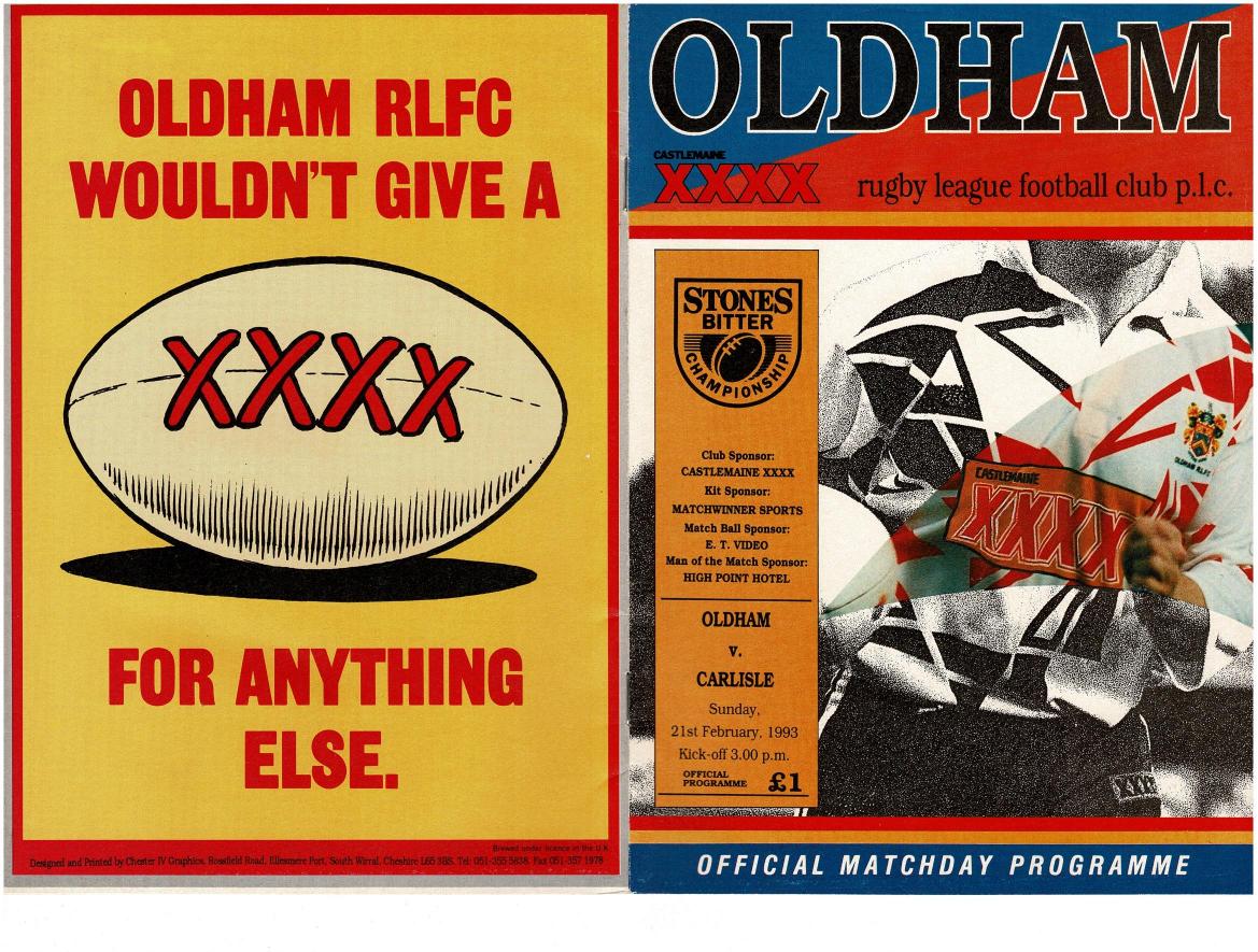 Programme cover: Oldham v Carlisle, 21 February 1993