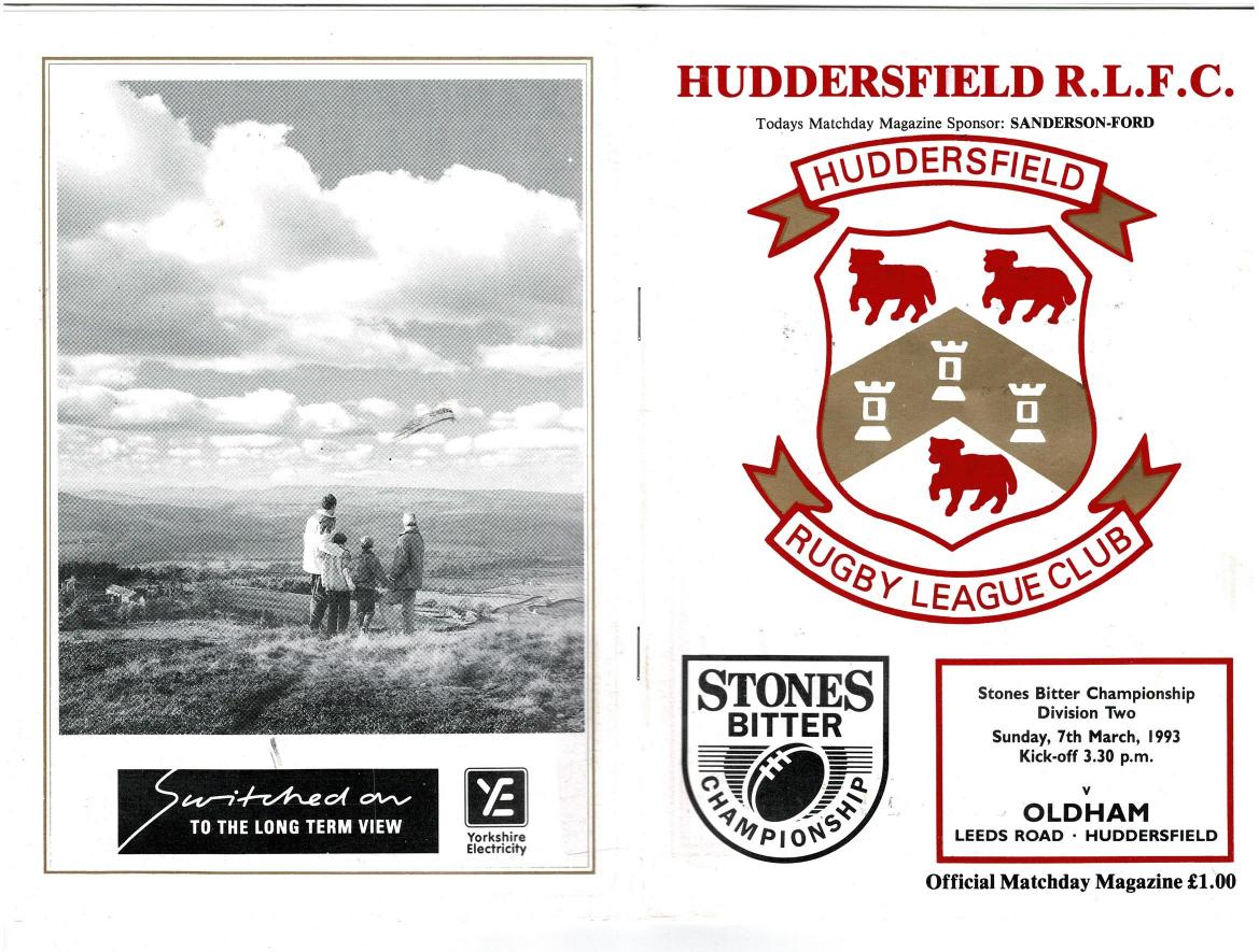Programme cover: Oldham v Huddersfield, 7 March 1993