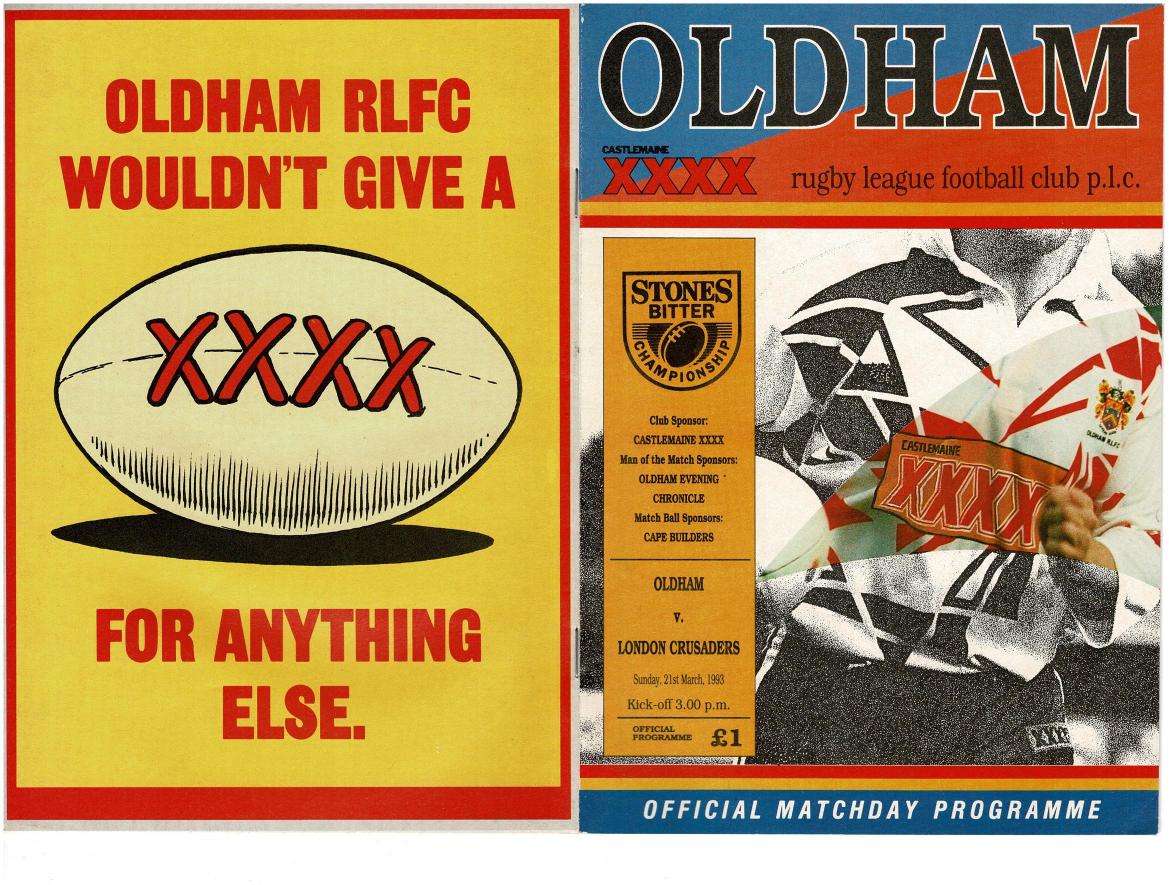 Programme cover: Oldham v London Crusaders, 21 March 1993