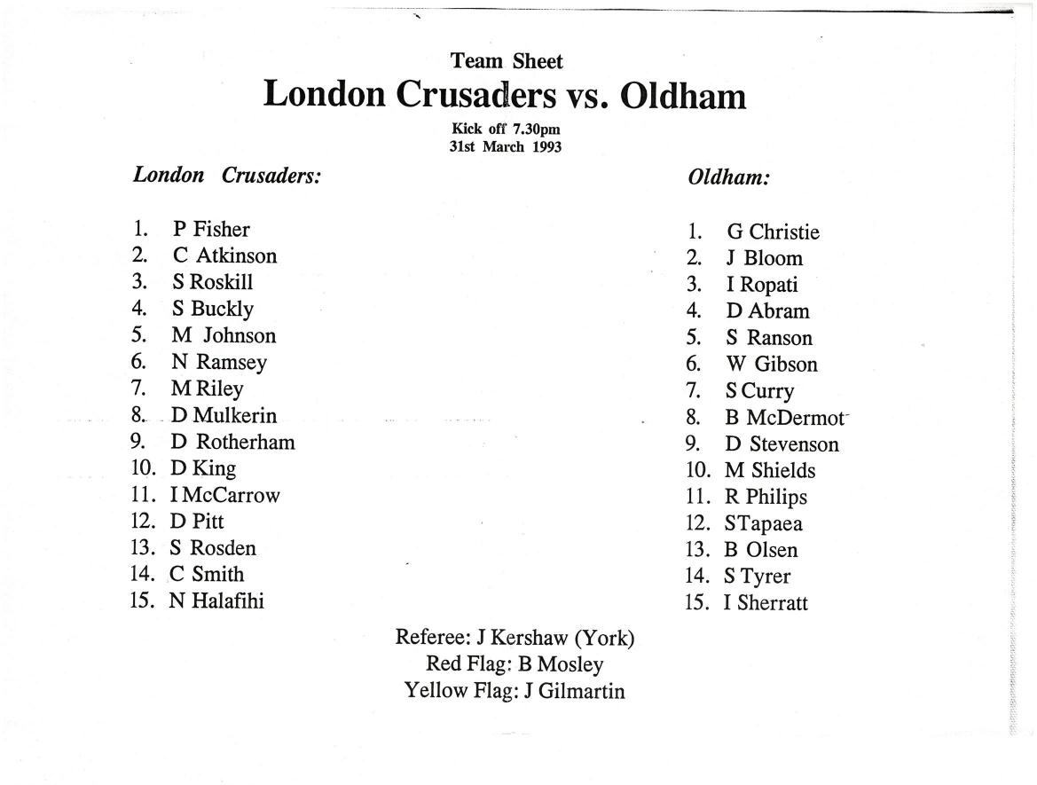Programme cover: Oldham v London Crusaders, 31 March 1993