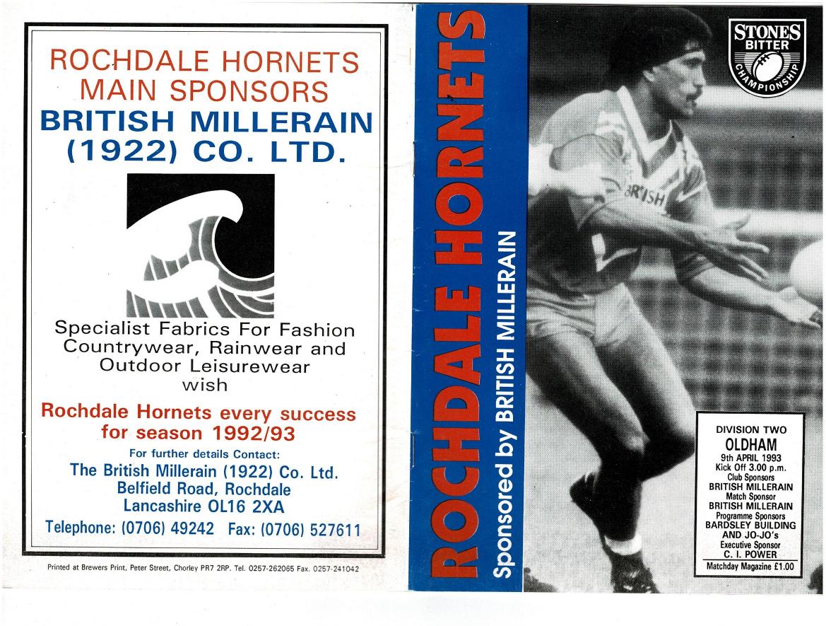 Programme cover: Oldham v Rochdale Hornets, 9 April 1993