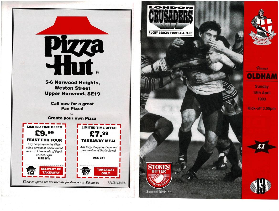 Programme cover: Oldham v London Crusaders, 18 April 1993