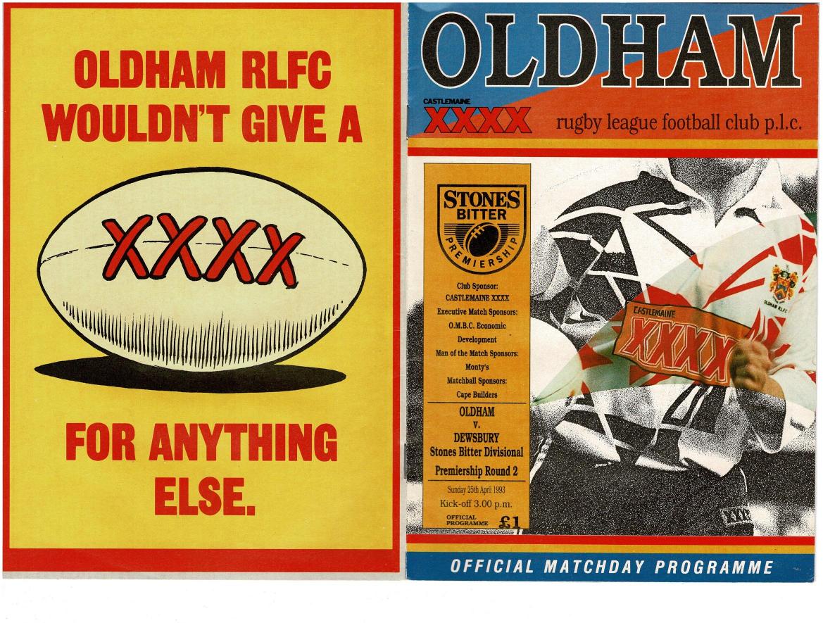 Programme cover: Oldham v Dewsbury, 25 April 1993