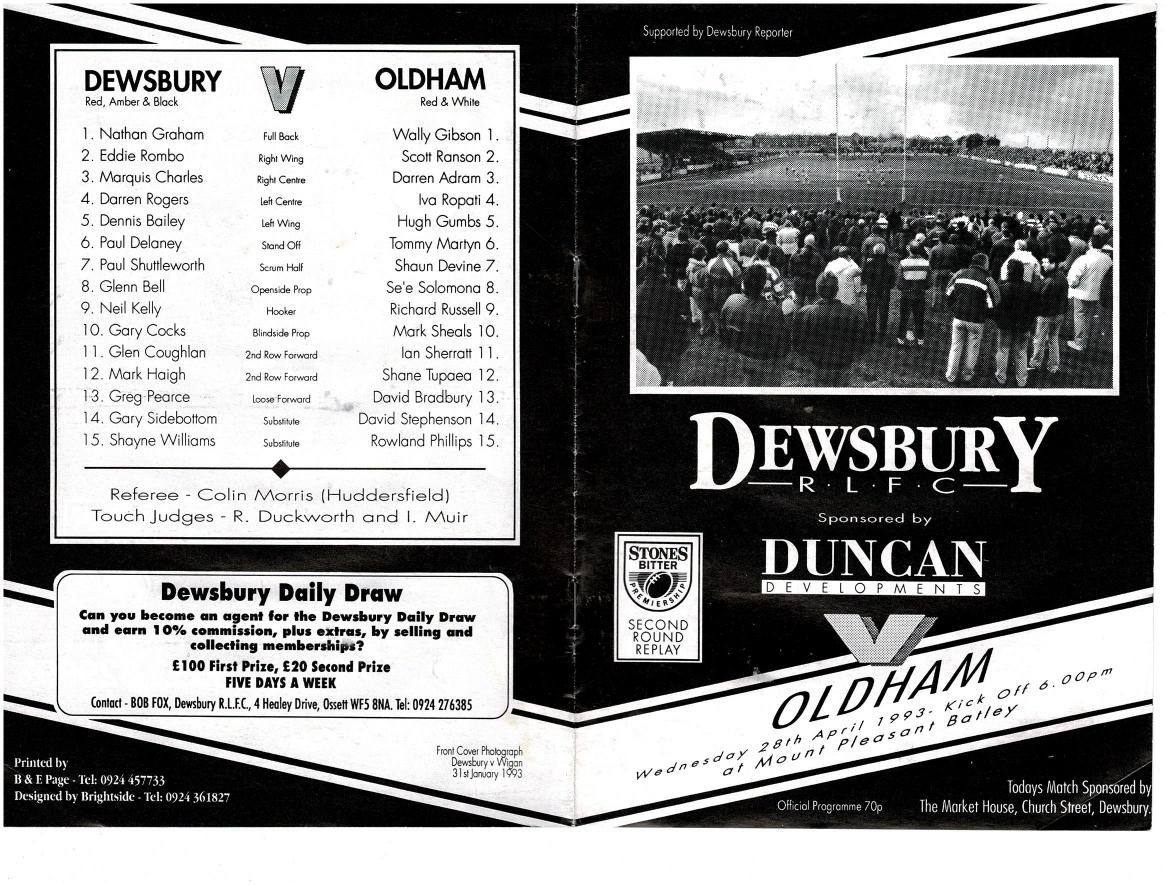 Programme cover: Oldham v Dewsbury, 28 April 1993