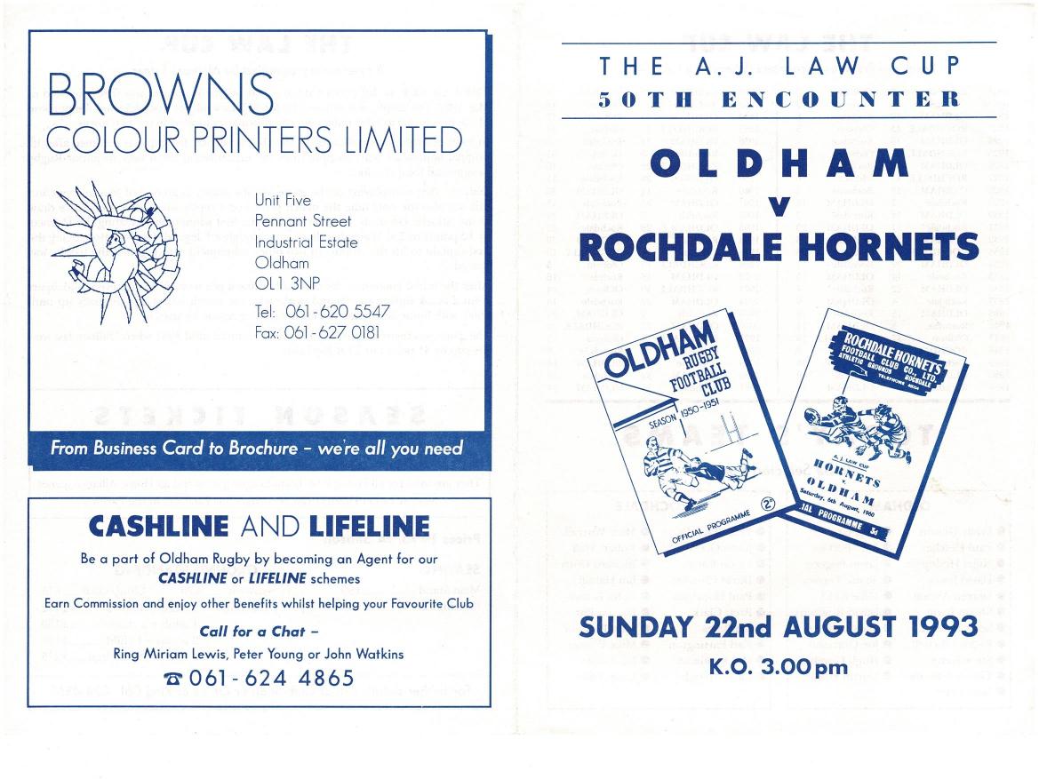 Programme cover: Oldham v Rochdale Hornets, 22 August 1993