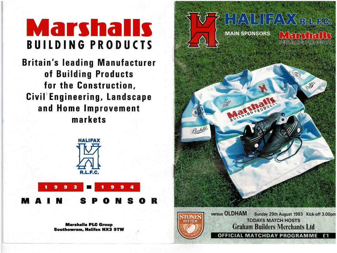 Programme cover: Oldham v Halifax, 29 August 1993