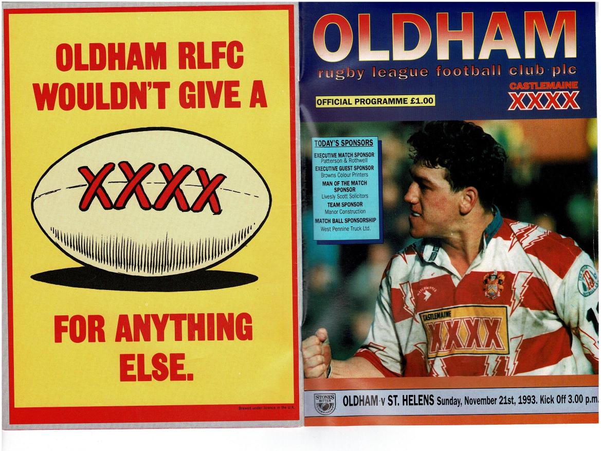 Programme cover: Oldham v St Helens, 21 November 1993