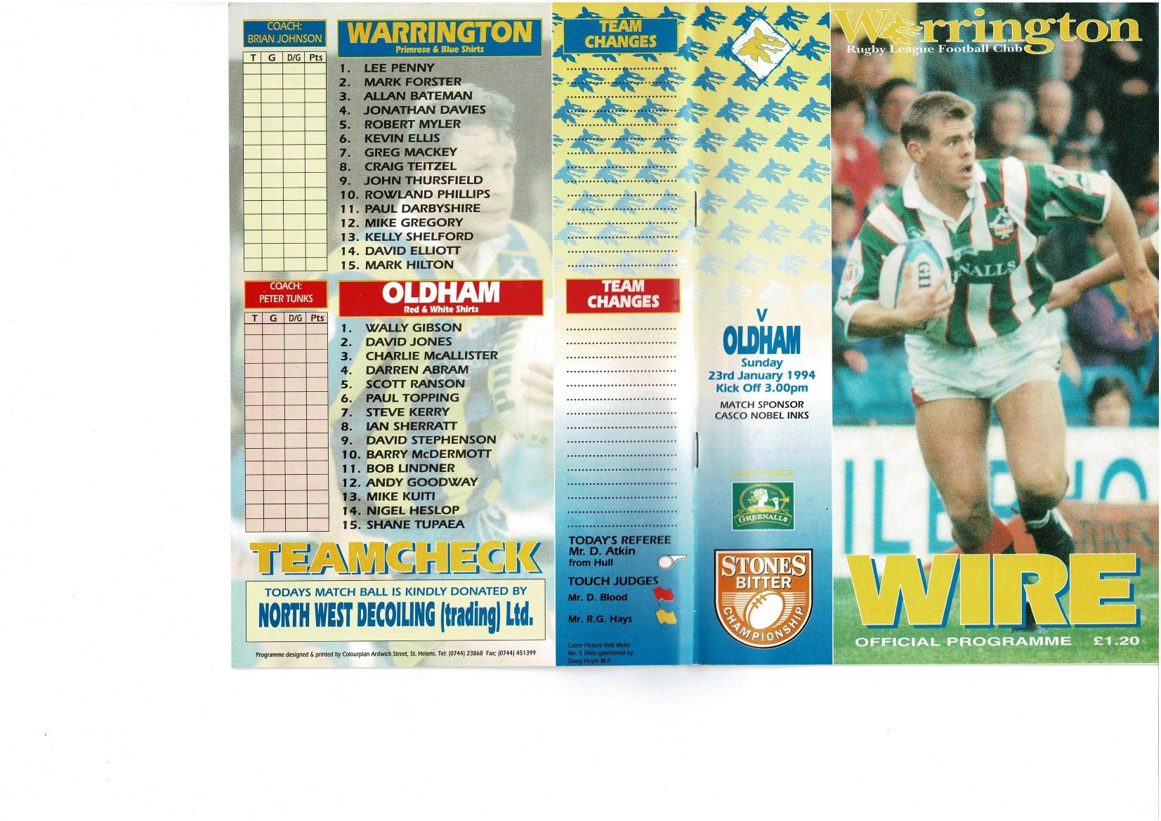 Programme cover: Oldham v Warrington, 23 January 1994
