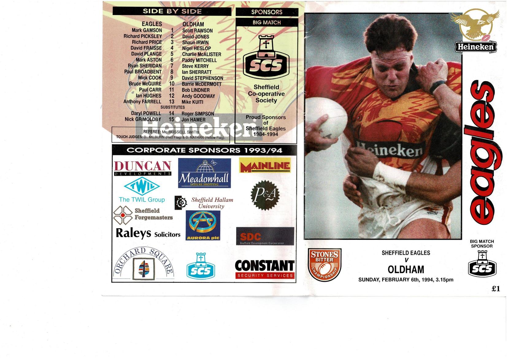 Programme cover: Oldham v Sheffield Eagles, 6 February 1994