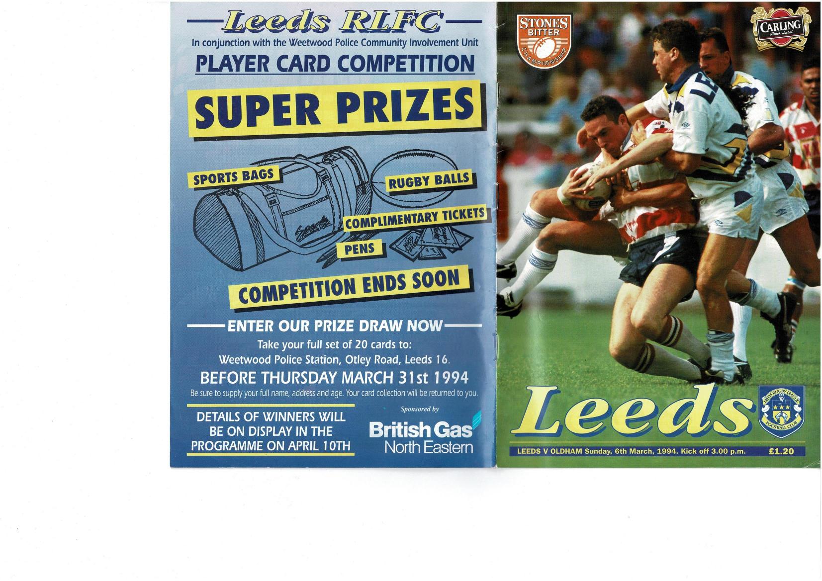 Programme cover: Oldham v Leeds, 6 March 1994