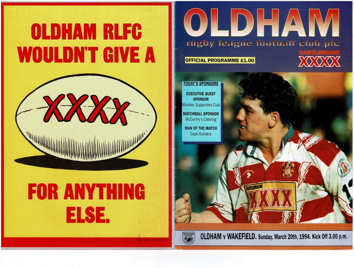 Programme cover: Oldham v Wakefield Trinity, 20 March 1994