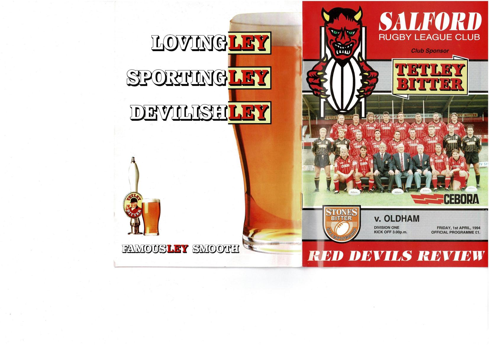 Programme cover: Oldham v Salford, 1 April 1994