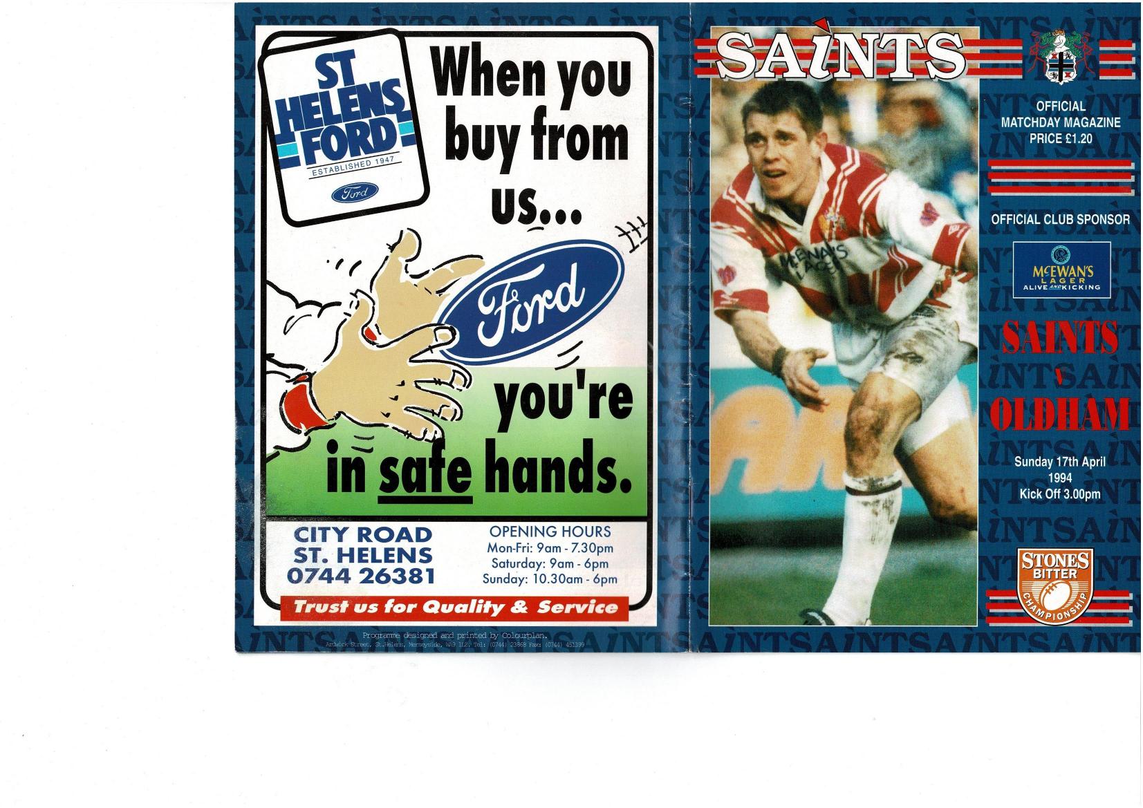 Programme cover: Oldham v St Helens, 17 April 1994