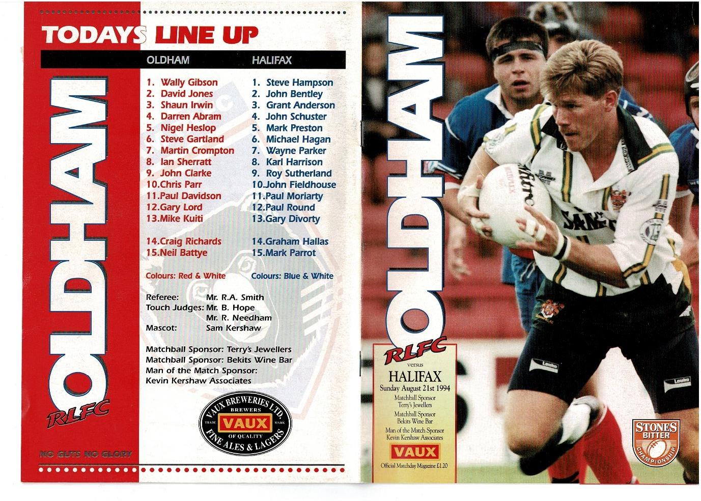 Programme cover: Oldham v Halifax, 21 August 1994