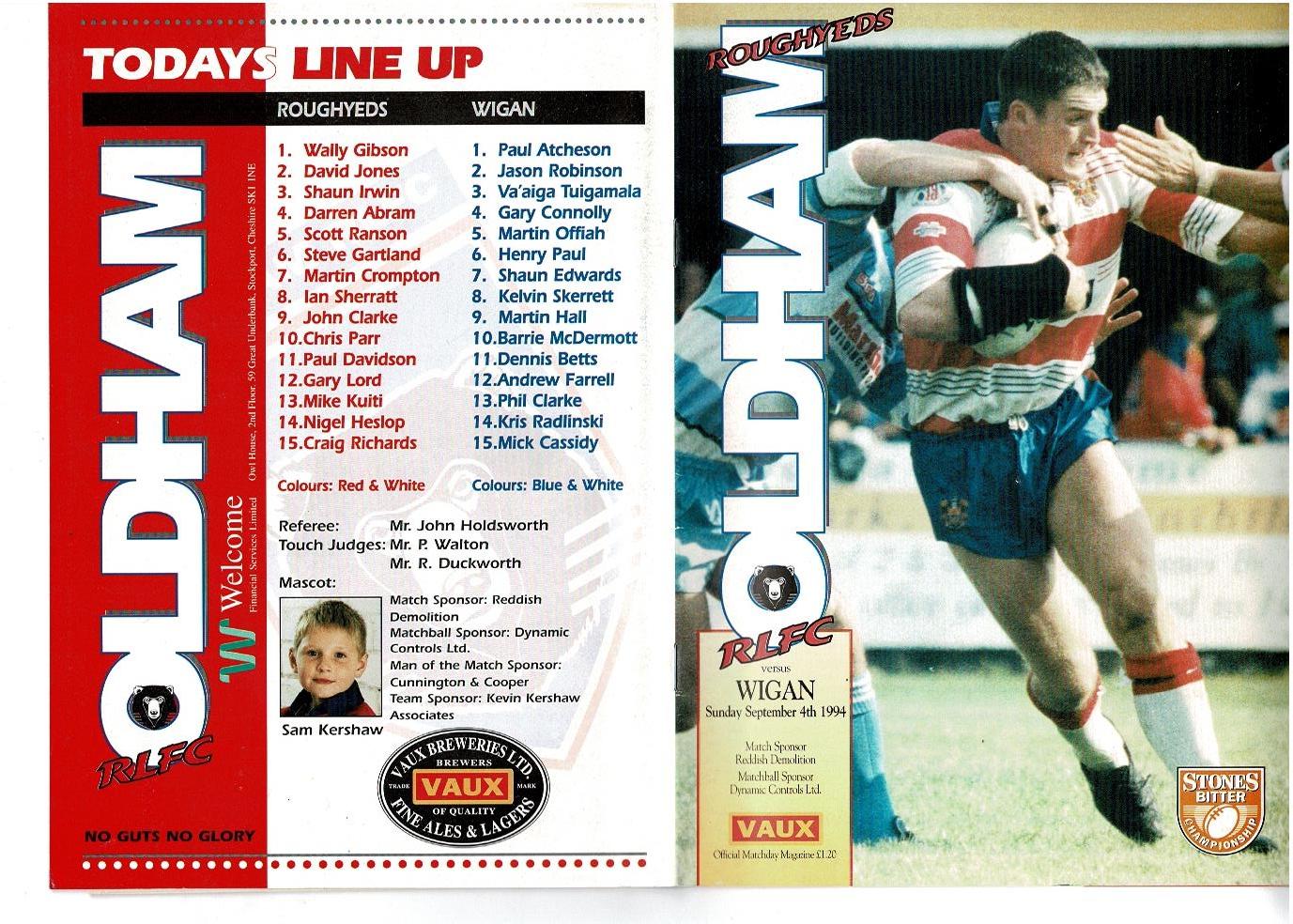 Programme cover: Oldham v Wigan, 4 September 1994