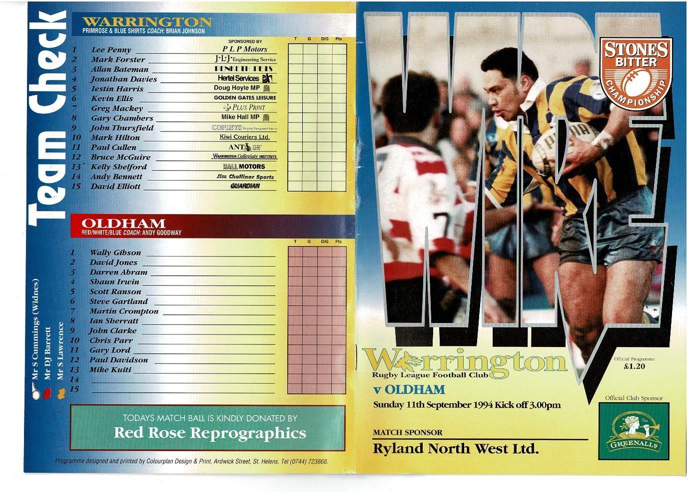 Programme cover: Oldham v Warrington, 11 September 1994