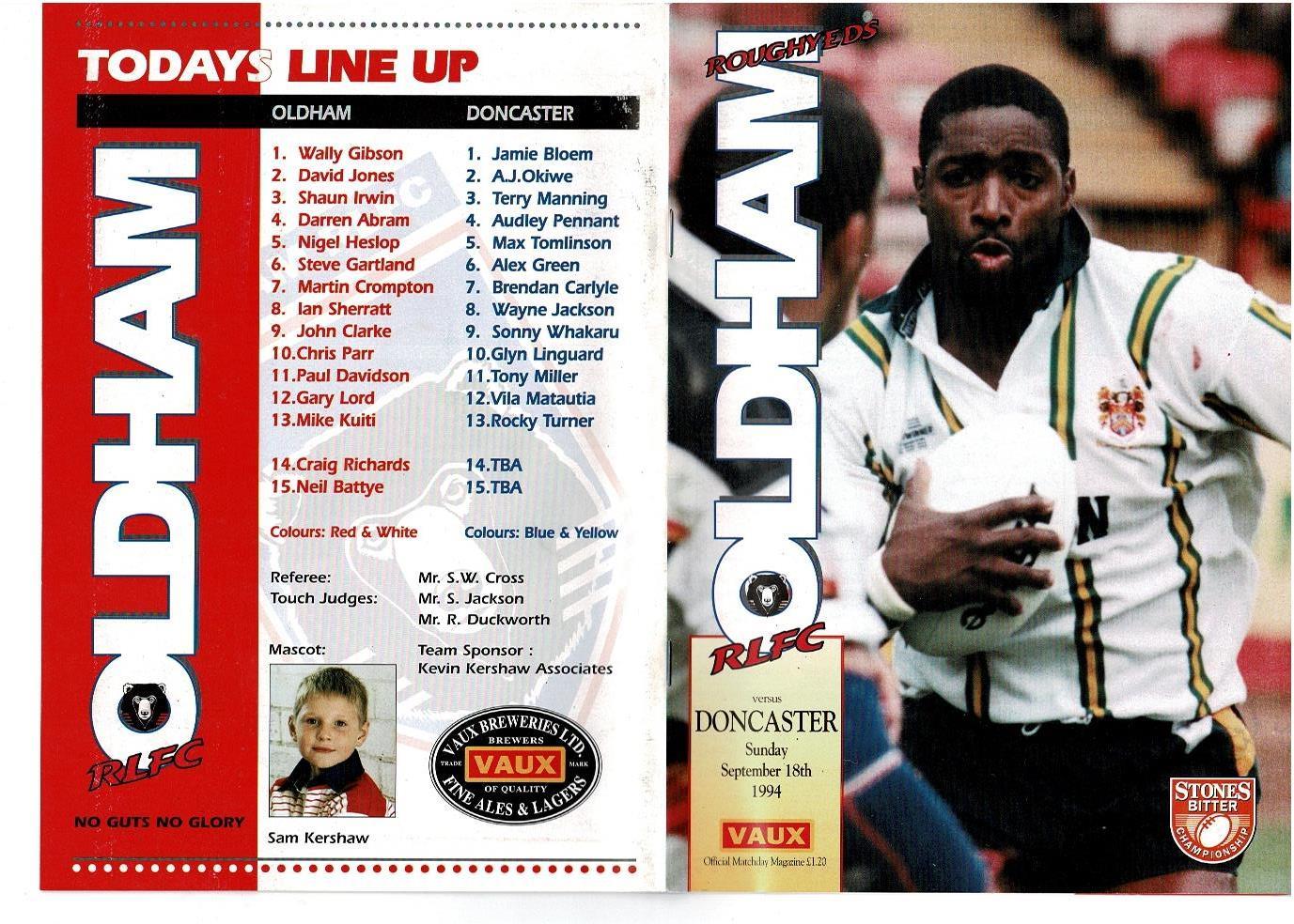 Programme cover: Oldham v Doncaster, 18 September 1994