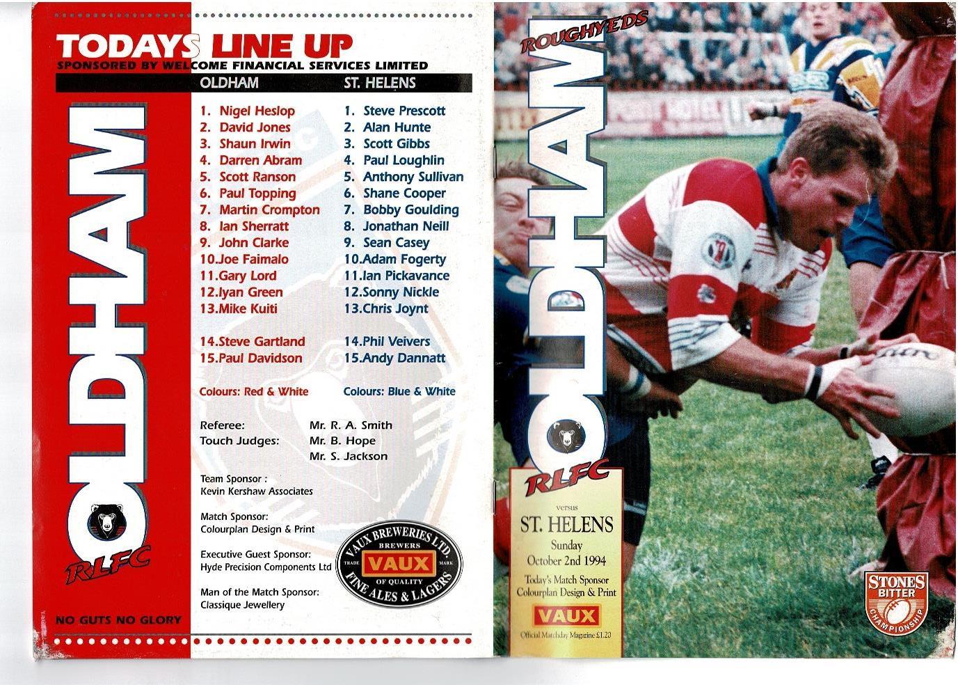 Programme cover: Oldham v St Helens, 2 October 1994