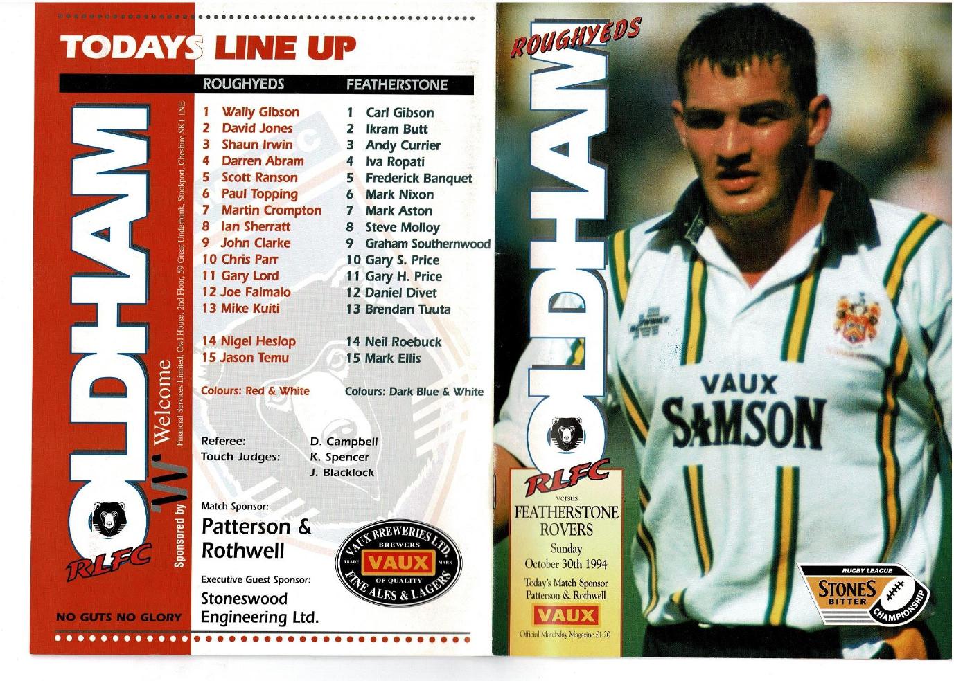 Programme cover: Oldham v Featherstone Rovers, 30 October 1994