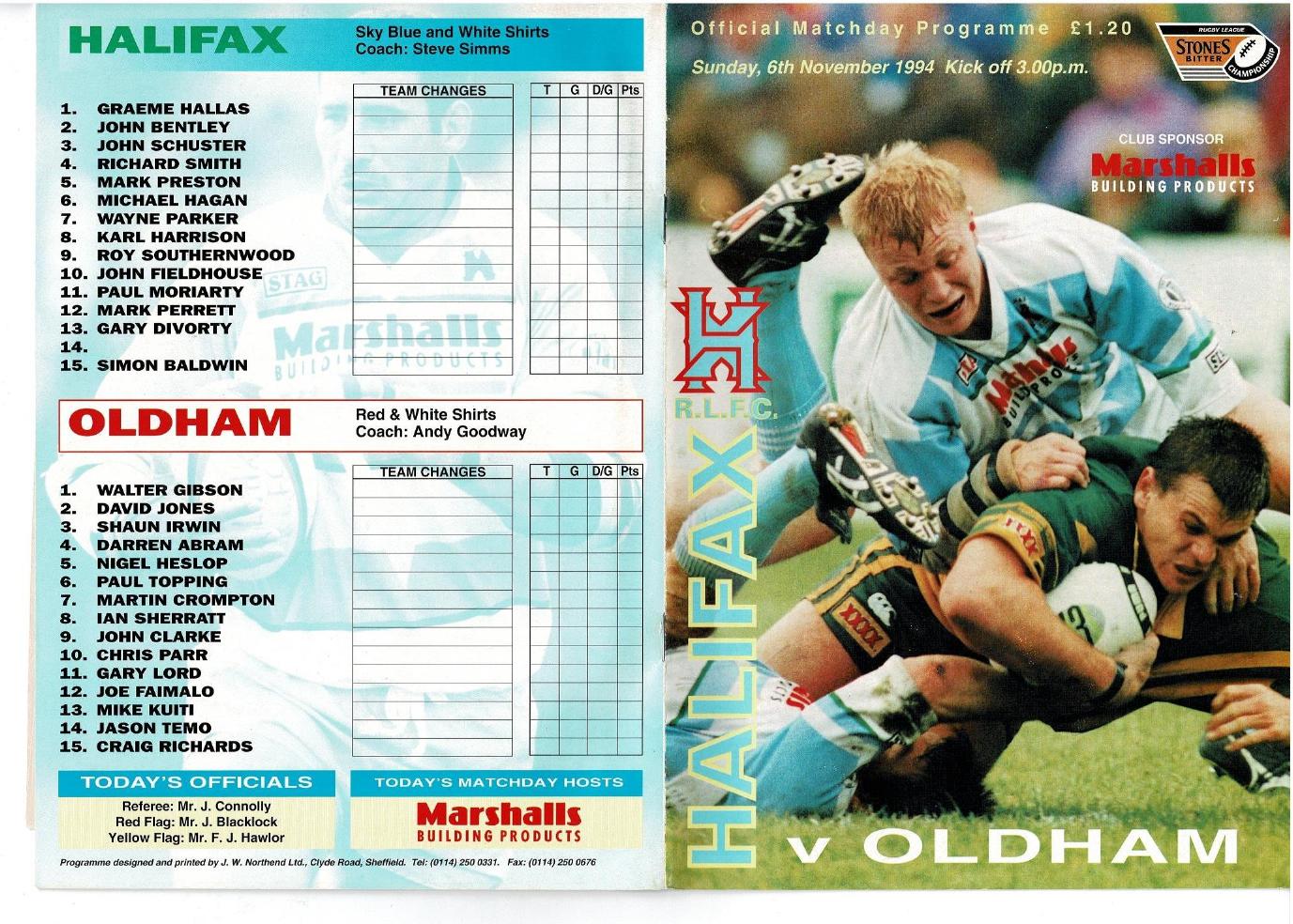 Programme cover: Oldham v Halifax, 6 November 1994